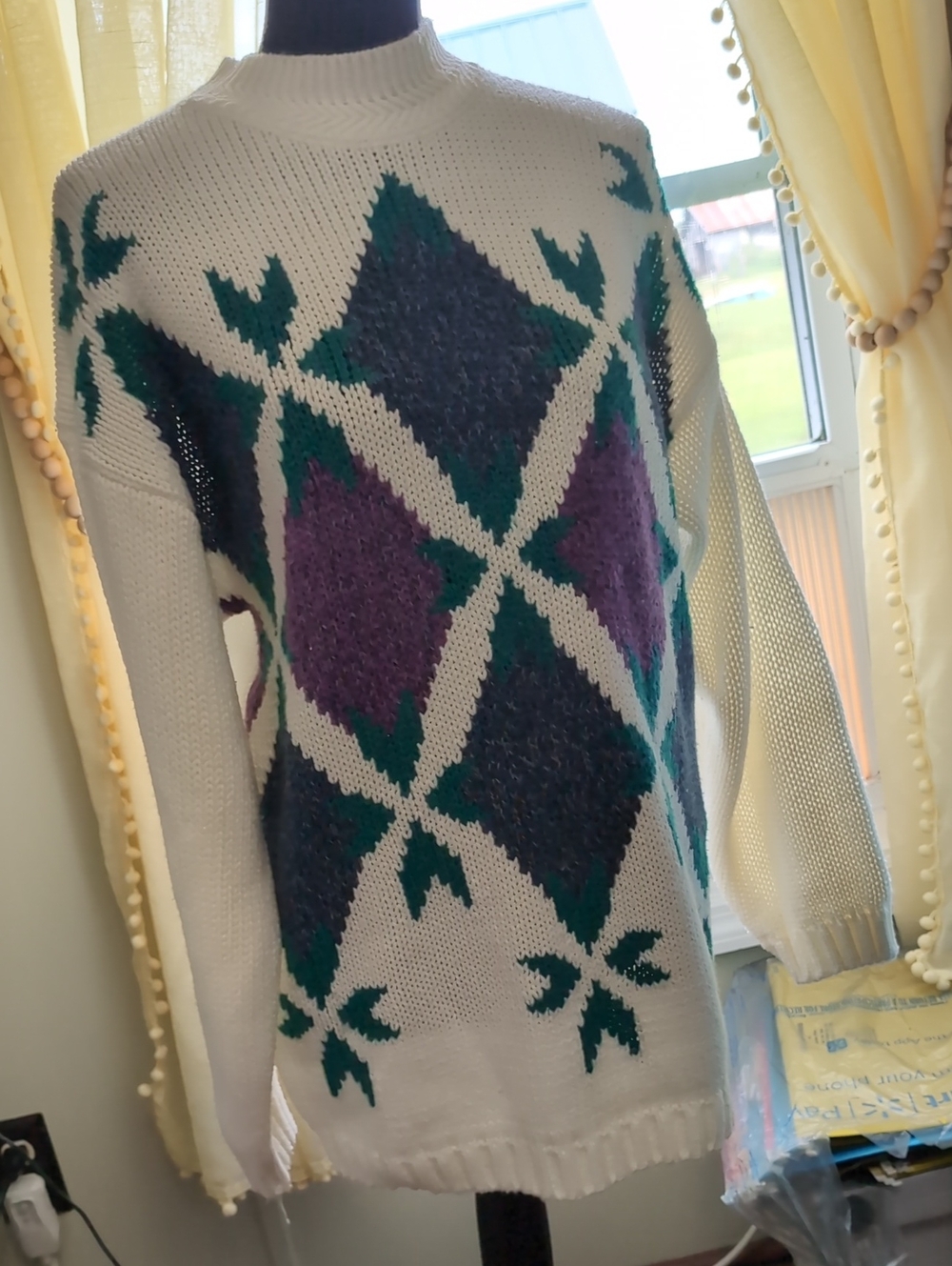 Vintage Cream Cowl-Neck Sweater with Teal and Purple Diamond Pattern-sz M